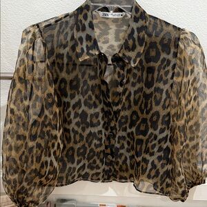Zara Sheer Bubble Sleeves Leopard Print Blouse